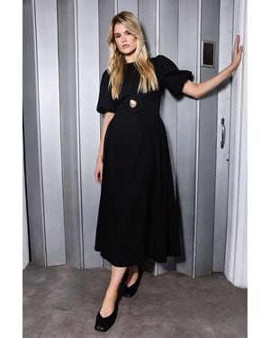 Warehouse Seersucker Organza Godet Side Puff Sleeve Midi Dress - Black