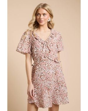 Dorothy Perkins Tie Front Ruffle Sleeve Printed Mini Dress - Natural