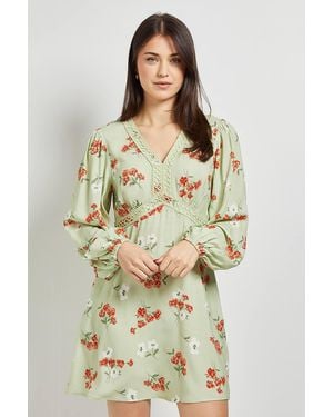 Dorothy Perkins Ditsy Lace Trim Long Sleeve Printed Mini Dress - Natural