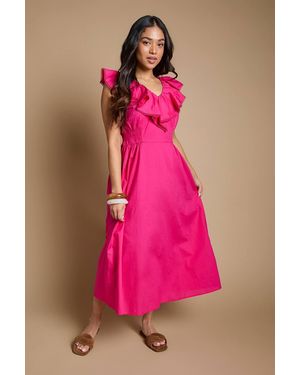 Dorothy Perkins Petite Frill Neckline Lace Detail Printed Midi Dress - Pink