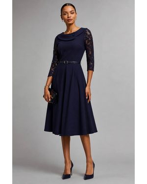 Jolie Moi Roll Neck Lace Sleeve Fit & Flare Midi Dress - Blue