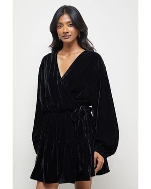 Warehouse Velvet Wrap Mini Smock Dress - Black