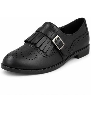 Spot on Fringe Buckle Brogue Loafers - Black