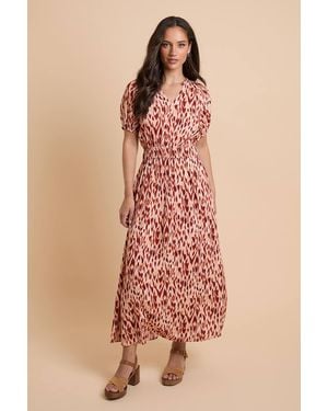 Dorothy Perkins Animal Puff Sleeve Waisted Midi Dress - Pink