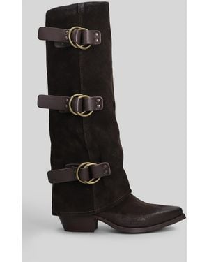 METISSE Texan Boots In Dark Brown Suede - Black