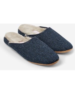 Derek Rose Mule Slippers Douglas 2 Harris Tweed Sheepskin Navy - Blue