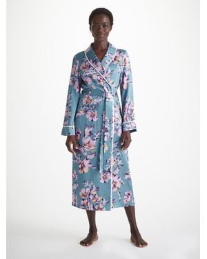 Derek Rose Long Dressing Gown Silk Satin Wildflower Pattern - Blue