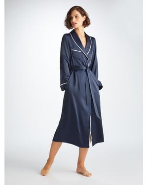Derek Rose Long Dressing Gown Bailey Silk Satin Navy - Blue