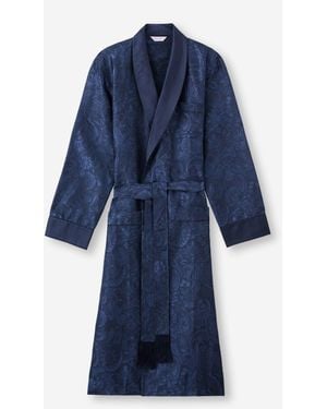 Derek Rose Dressing Gown Silk Jacquard Jungle Paisley Pattern - Blue