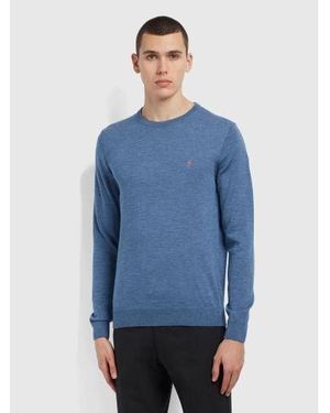 Farah Deep Mullen Merino Wool Crew Neck Jumper - Blue