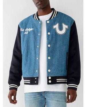 True Religion Dress Pinstripe Denim Varsity Bomber Jacket - Blue