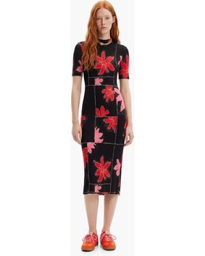 Desigual Ribbed Floral Midi Dress, Viscose - Red