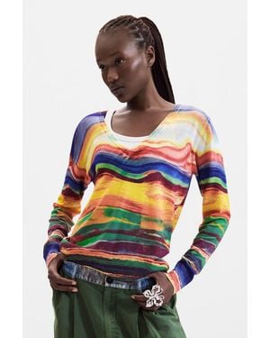 Desigual Jersey Punto Fino Estampado, Mujer, Amarillo