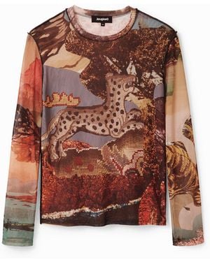 Desigual Slim Tulle Tapestry T-Shirt, Polyester - Brown