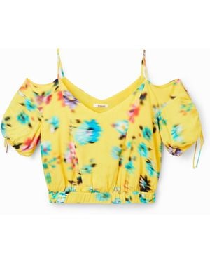 Desigual Short Gathered Floral Blouse, Viscose - Yellow