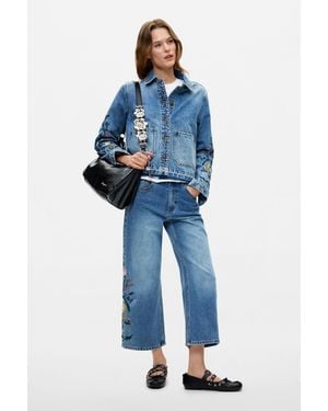 Desigual Culotte Jeans With Flowers, Cotton - Blue
