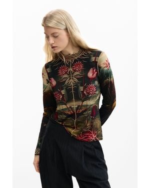 Desigual T-Shirt With Rose Trim, Viscose - Black