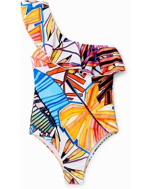 Desigual Asymmetric Ruffle Swimsuit - White