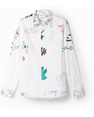 Desigual Illustrated Shirt With Messages, Cotton - White