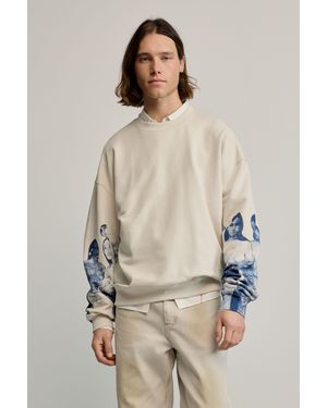 Desigual Sweatshirt With Printed Sleeves, Cotton - Natural