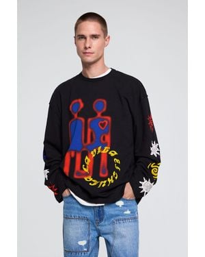 Desigual Camiseta Manga Larga Estampada, Hombre, Algodon, Negro - Azul