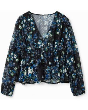 Desigual Floral Plumetis Blouse, Polyester - Blue