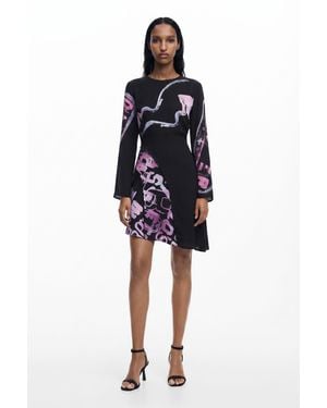 Desigual Asymmetric Short Dress With Letters, Polyester - Black