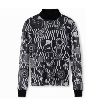 Desigual Slim Tulle Psychedelic T-Shirt, Polyester - Black
