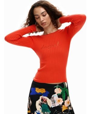 Desigual Ribbed T-Shirt Logo - Red