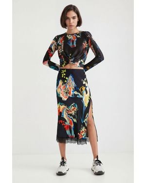 Desigual Gathered Waist Flowers T-Shirt - Black