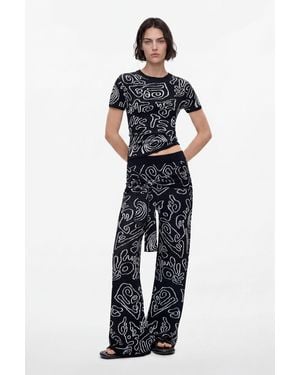 Desigual Pantalón Punto Jacquard, Mujer, Negro - Azul