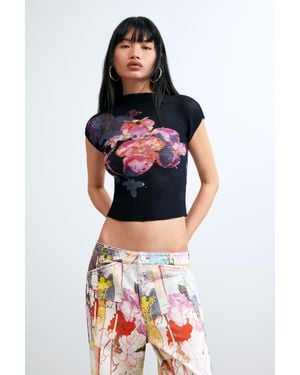 Desigual Printed High Neck Blouse, Polyester - Black
