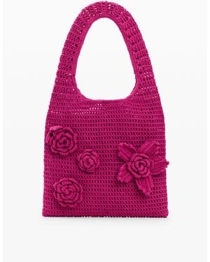 Desigual Crochet Bag With Flowers, Cotton - Pink