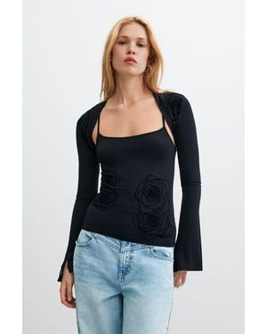 Desigual 2-In-1 T-Shirt With Flocked Details, Viscose - Black