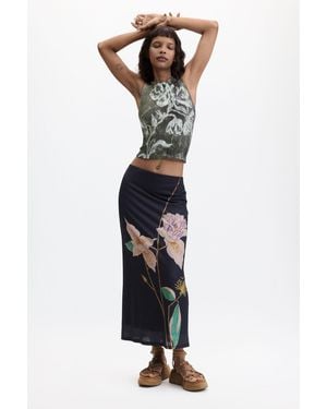 Desigual Falda Larga Estampada, Poliester, Negro
