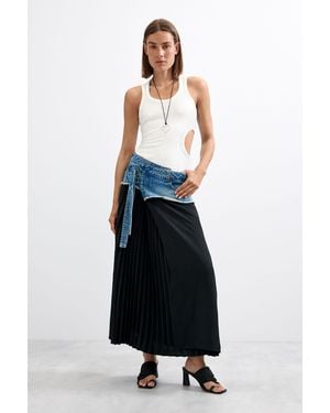 Desigual Long Pleated Denim Skirt - White