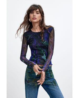 Desigual Printed Tulle T-Shirt M. C. Lacroix, Polyester - Blue