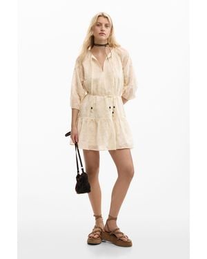 Desigual Embroidered Dress With Bow - Natural