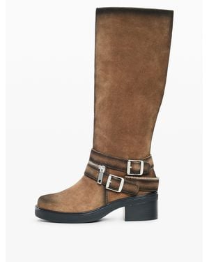 Desigual Flache Stiefel Mit Schnalle, Damen, Cow Leather, Braun