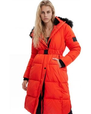 Desigual Long Padded Coat With Belt, Polyester - Red