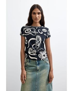 Desigual Bedrucktes T-Shirt 100% Baumwolle, Damen, Schwarz