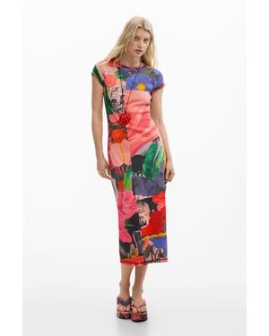 Desigual Printed Fitted Dress, Cotton - Red