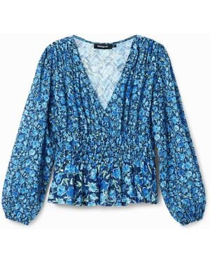 Desigual Floral Plumetis Blouse, Polyester - Blue