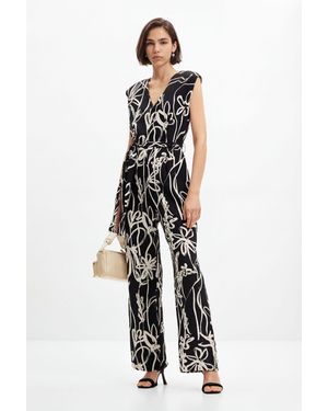 Desigual Long Jumpsuit With Illustrated Flowers - White