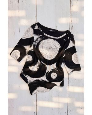 Desigual Camiseta Estampada Manga Francesa, Algodon, Blanco - Negro