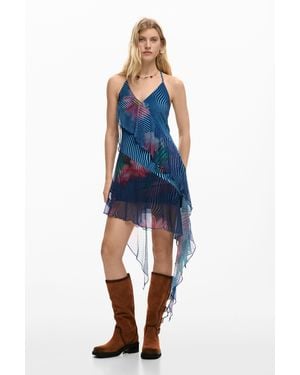 Desigual Pixelated Ruffle Dress, Polyester - Blue