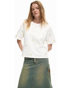 Desigual Logo T-Shirt With Appliqués, Cotton - White