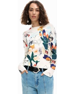 Desigual Jersey Fino Plantas, Mujer, Blanco