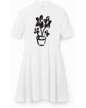 Desigual Short Plant Skater Dress, Viscose - White