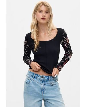 Desigual Floral Long Sleeve T-Shirt, Cotton - Blue